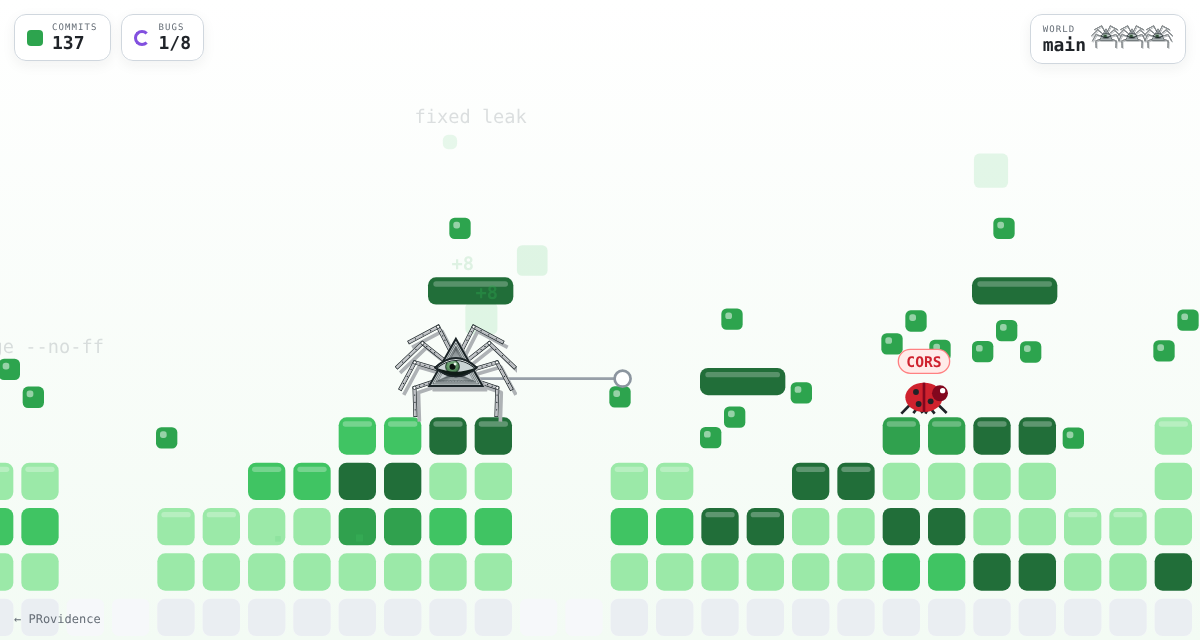 PRovidence Quest: the spider jumping across a contribution graph while red bugs patrol