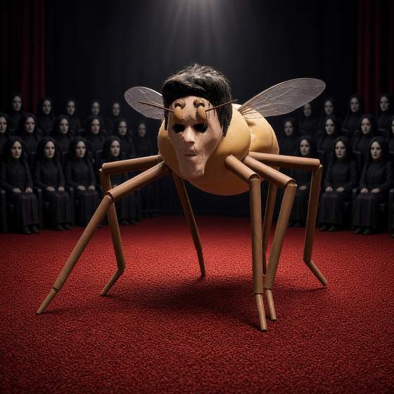 Grey Leno as a giant fly-bodied puppet on a red carpet in front of a silent audience
